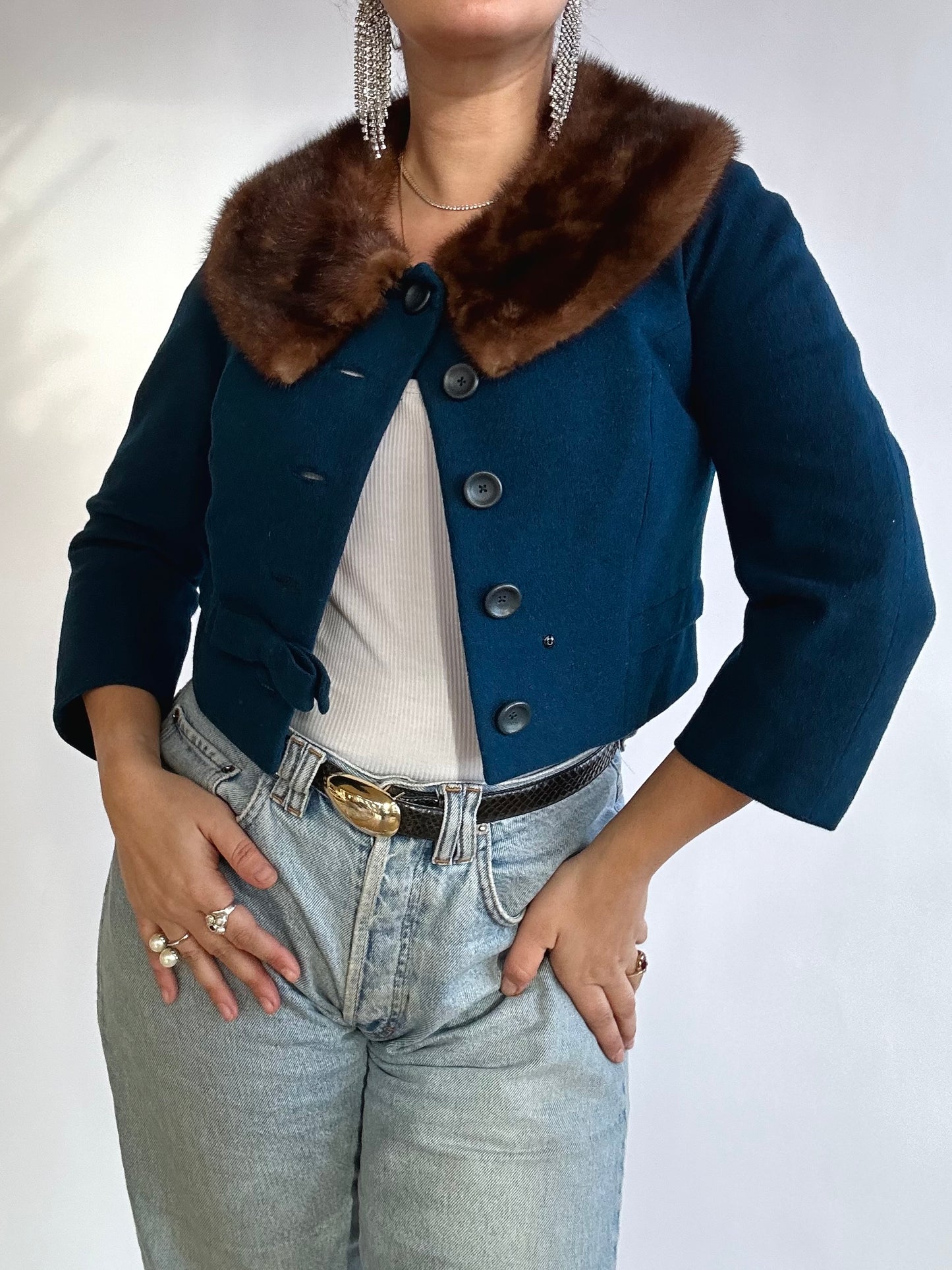 1960s Branel Navy Wool Coat with Fur Collar
