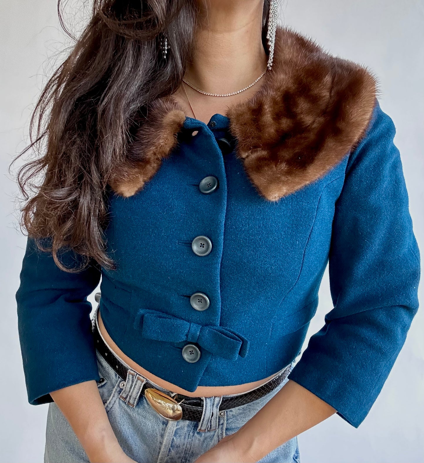 1960s Branel Navy Wool Coat with Fur Collar