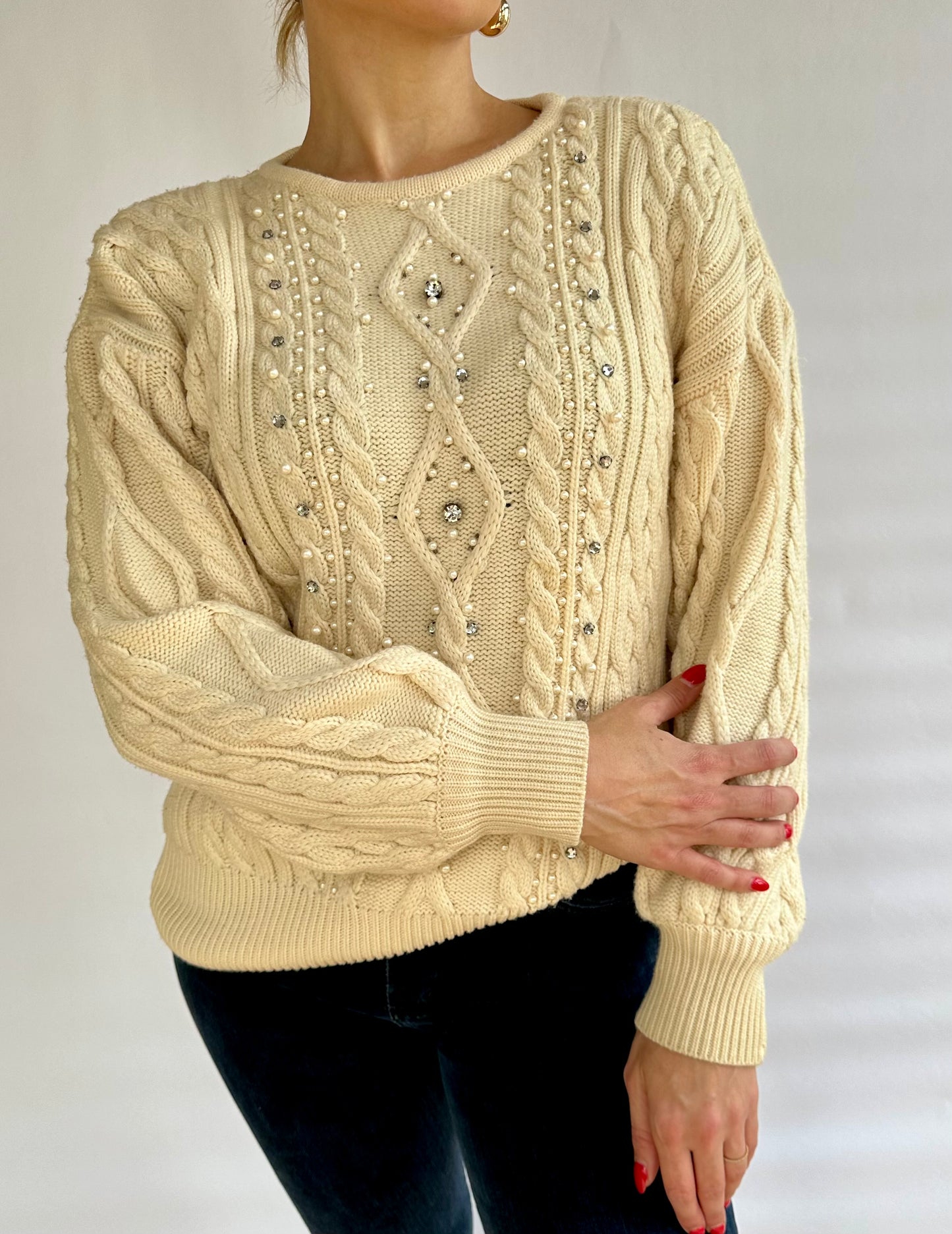 1990’s Vintage Escada Rhinestone & Pearl Cableknit Wool Sweater