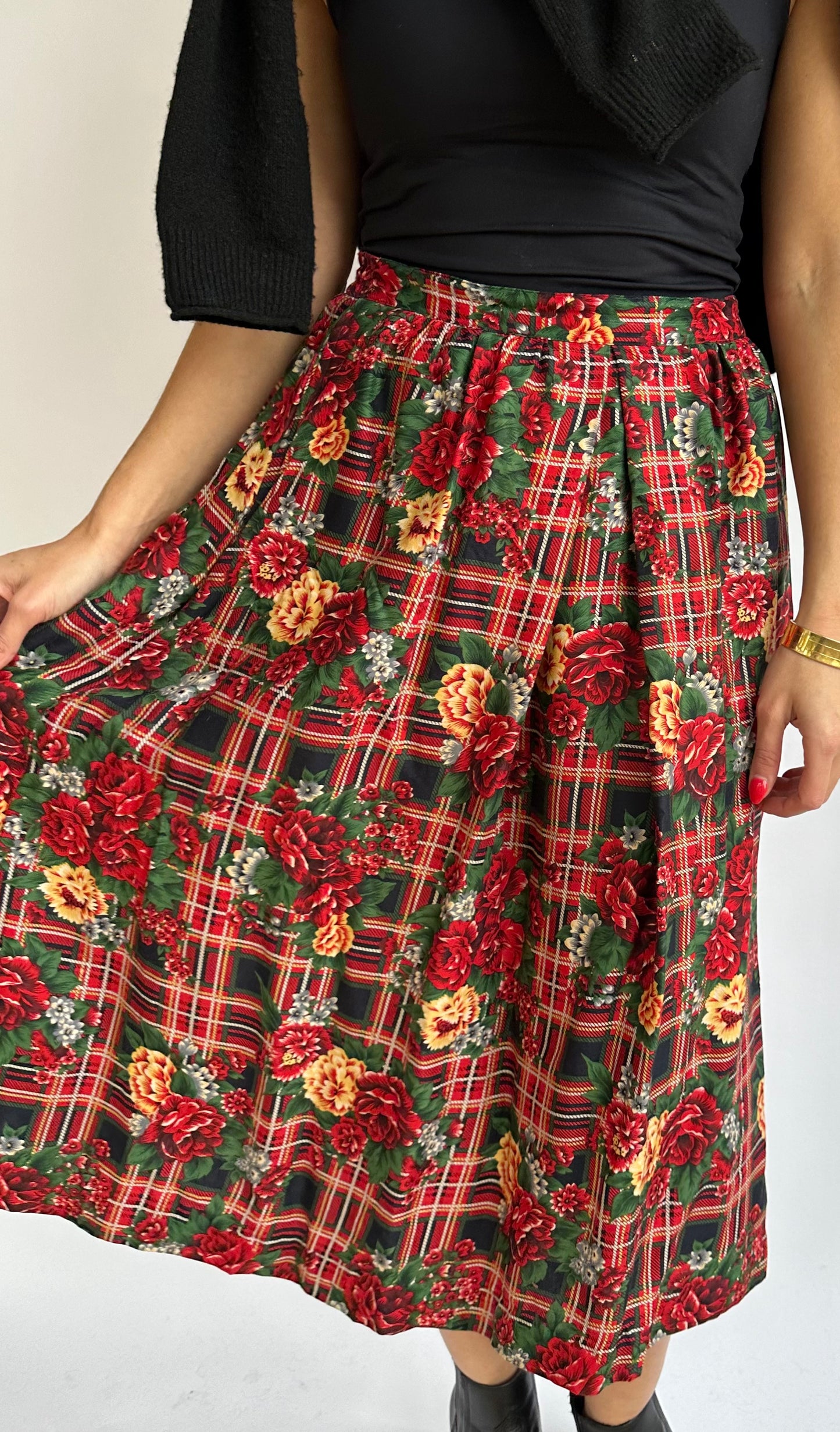 1990's Vintage Red Plaid Maxi Skirt with Flowers