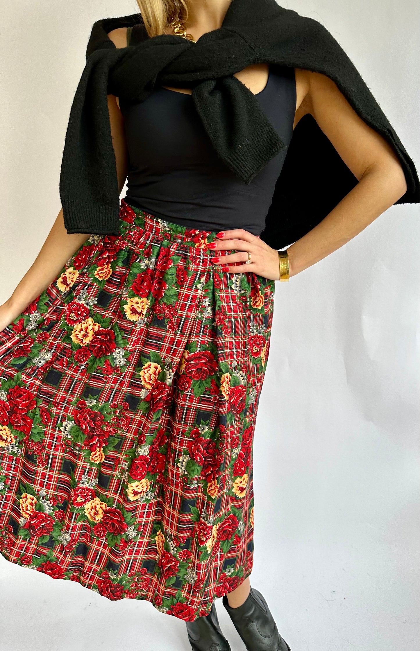 1990's Vintage Red Plaid Maxi Skirt with Flowers