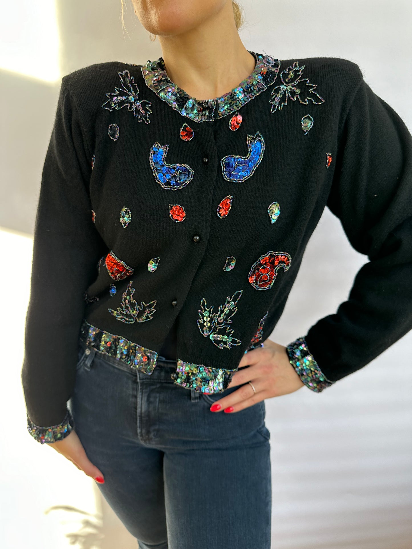 1960s Vintage Wool Blend Black Cardigan with sequins and beading