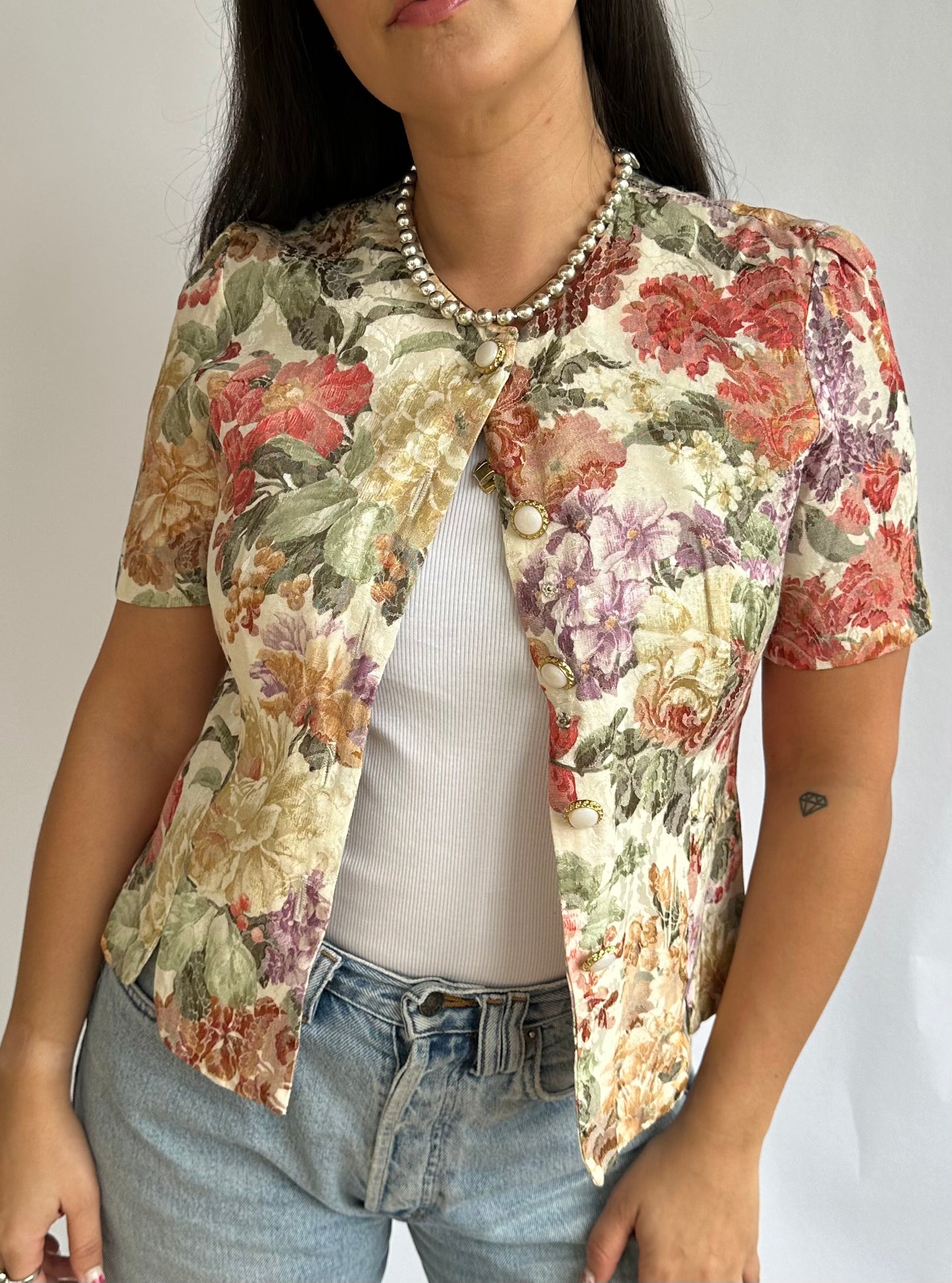 1990's Vintage Floral Tapestry Blouse with Pearl Buttons