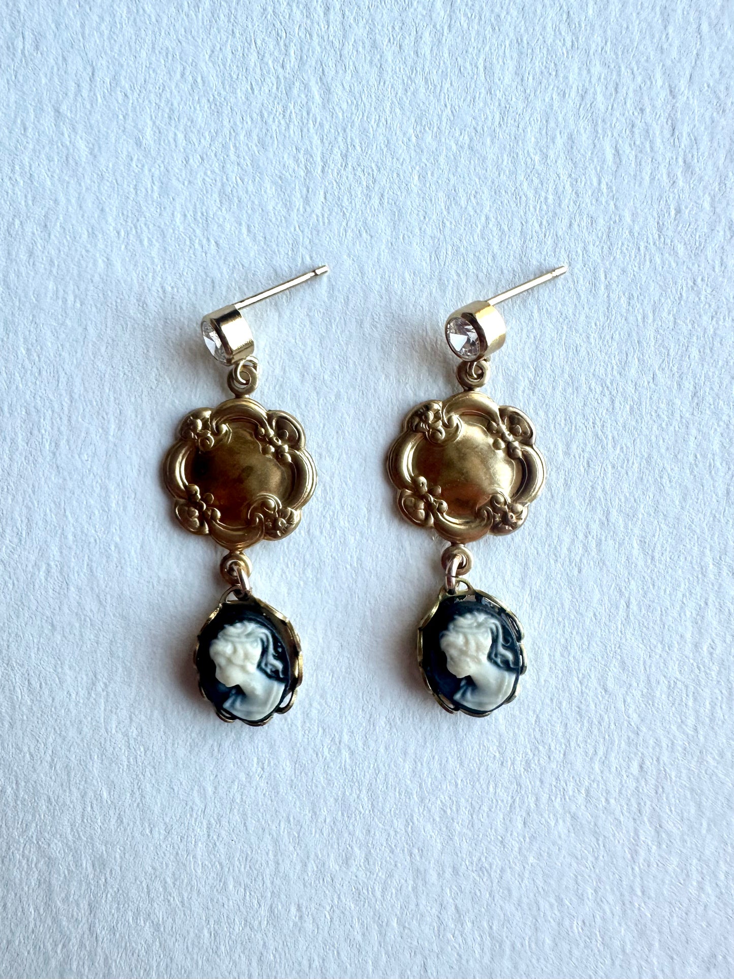 Vintage Brass and Cameo Drop Earrings