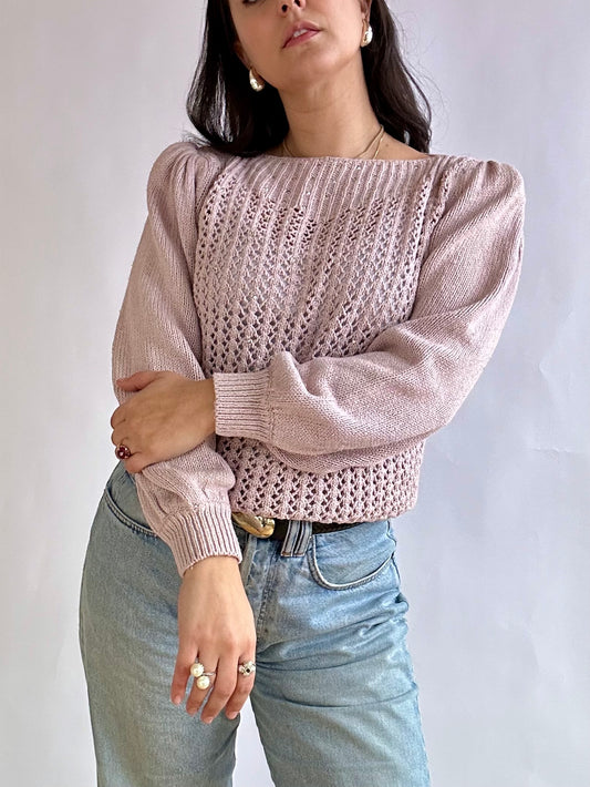 80s Silk Blend Lilac Sweater with Bishop Sleeves and Rhinestones