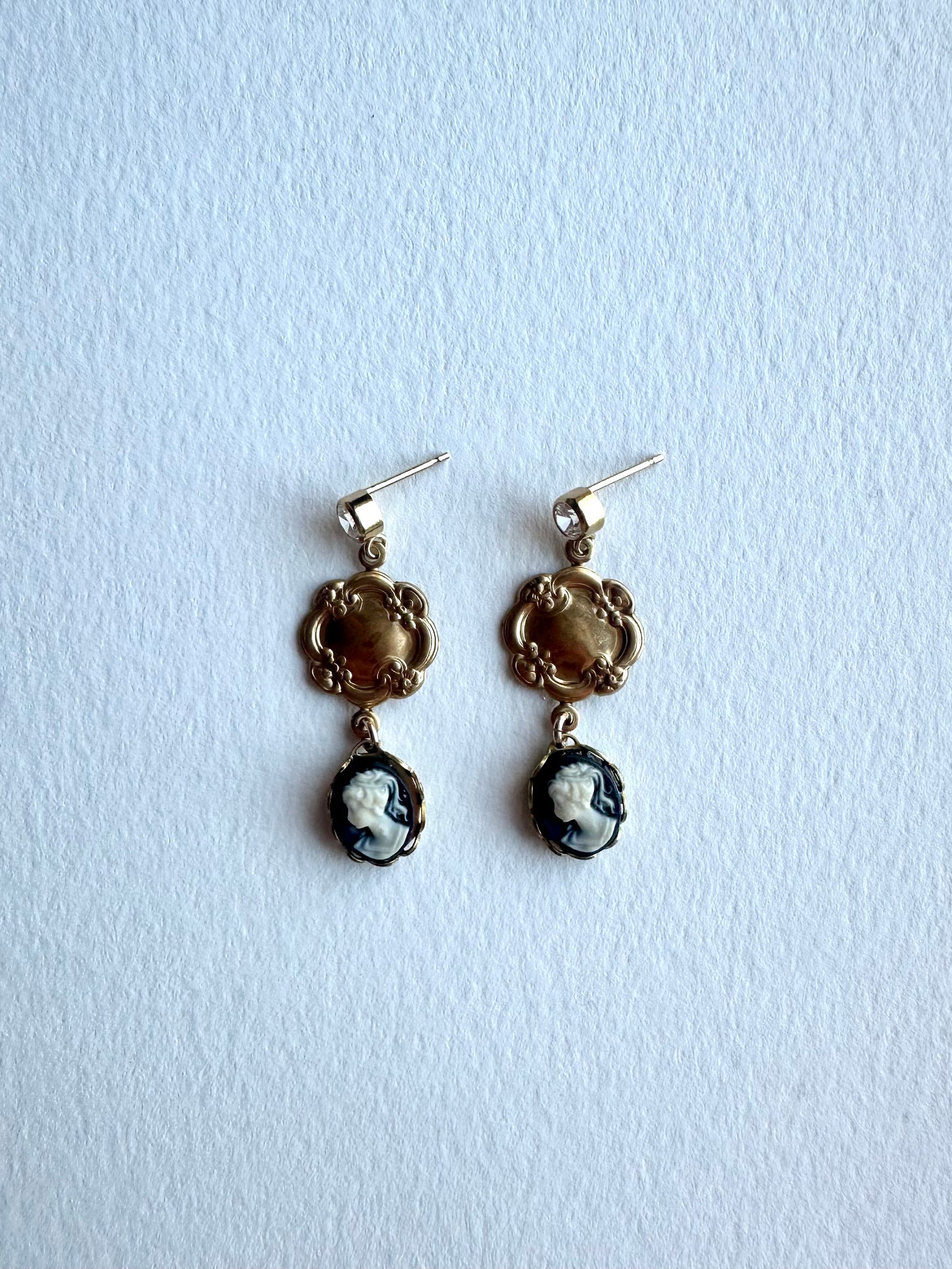 Vintage Brass and Cameo Drop Earrings