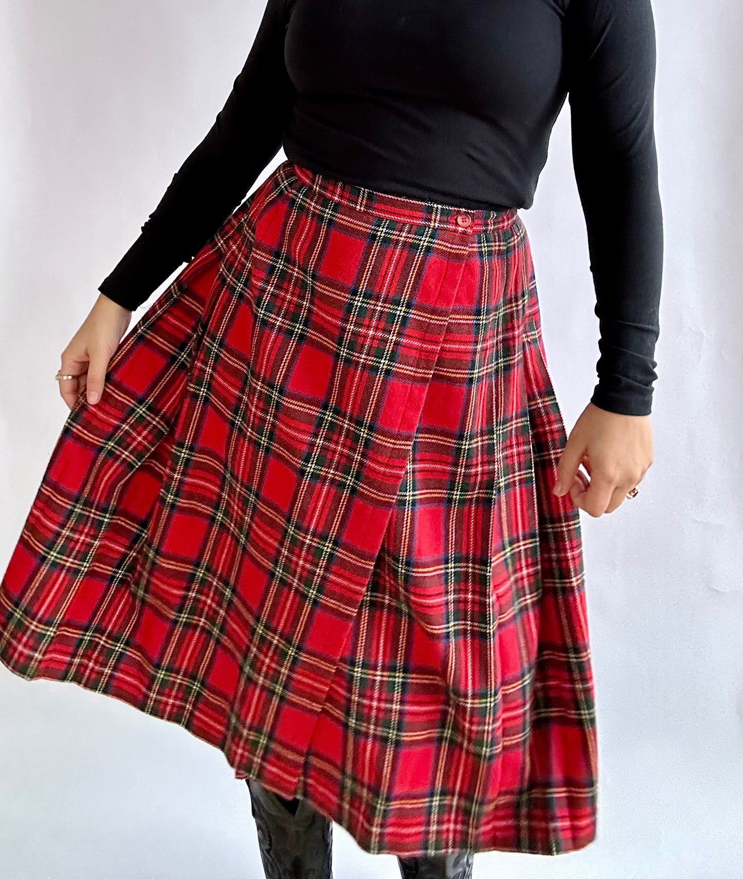 Vintage Irish Wool Plaid Pleated Midi Skirt