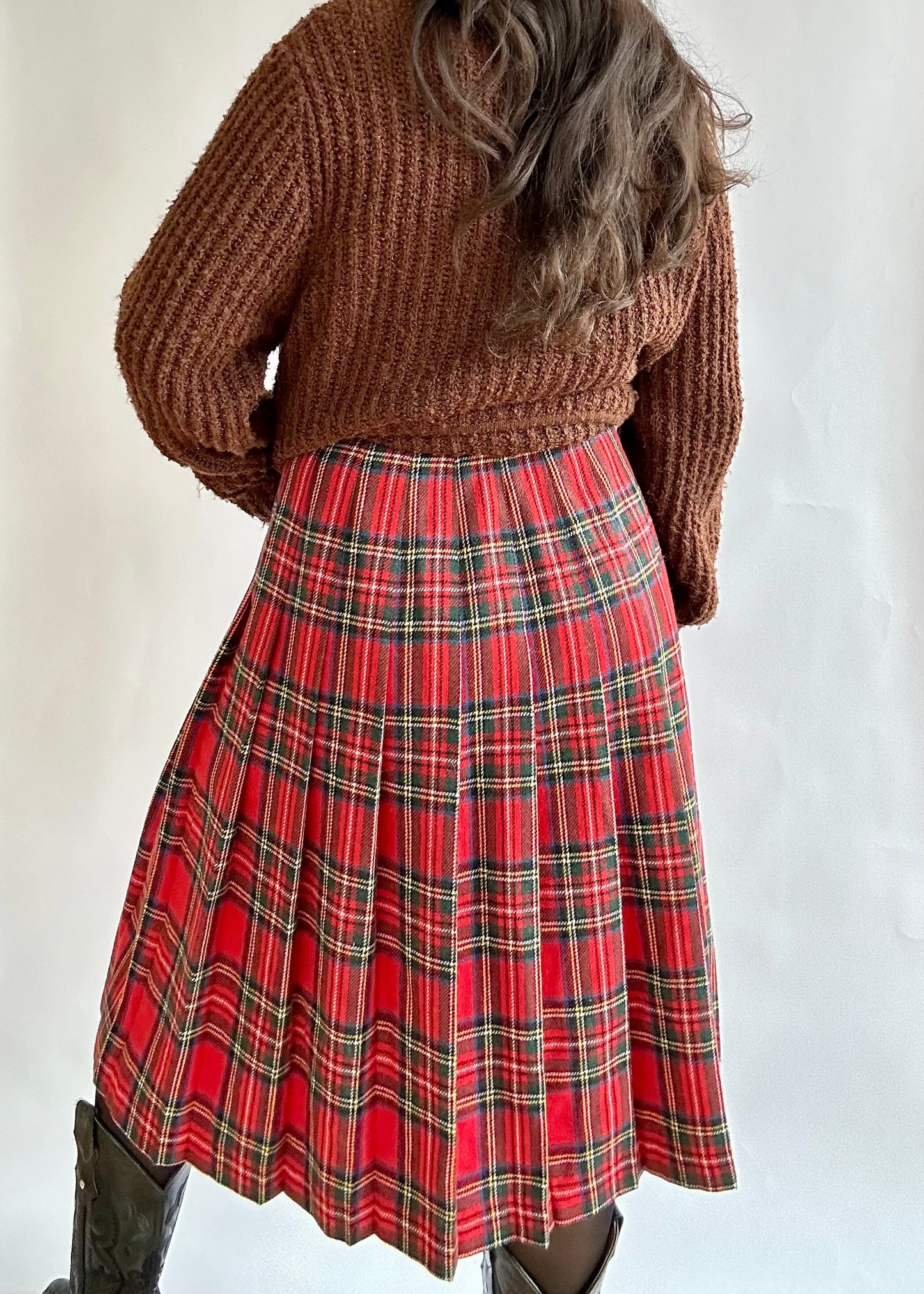 Vintage Irish Wool Plaid Pleated Midi Skirt