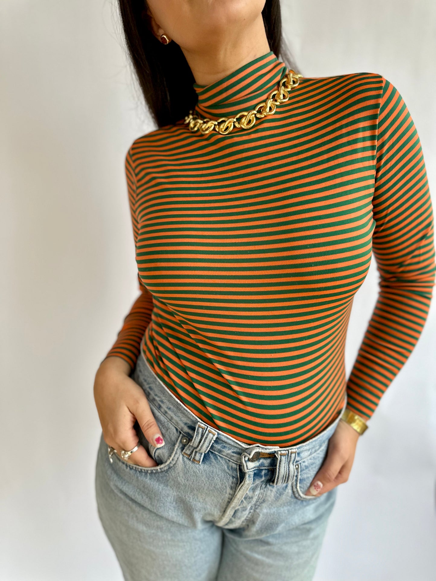 1970s Vintage Orange and Green Striped Turtleneck