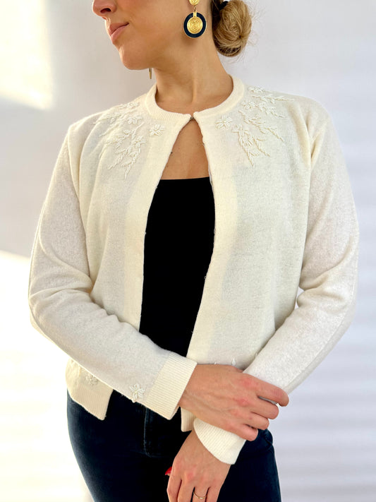 1960s Vintage White Wool Beaded Cardigan