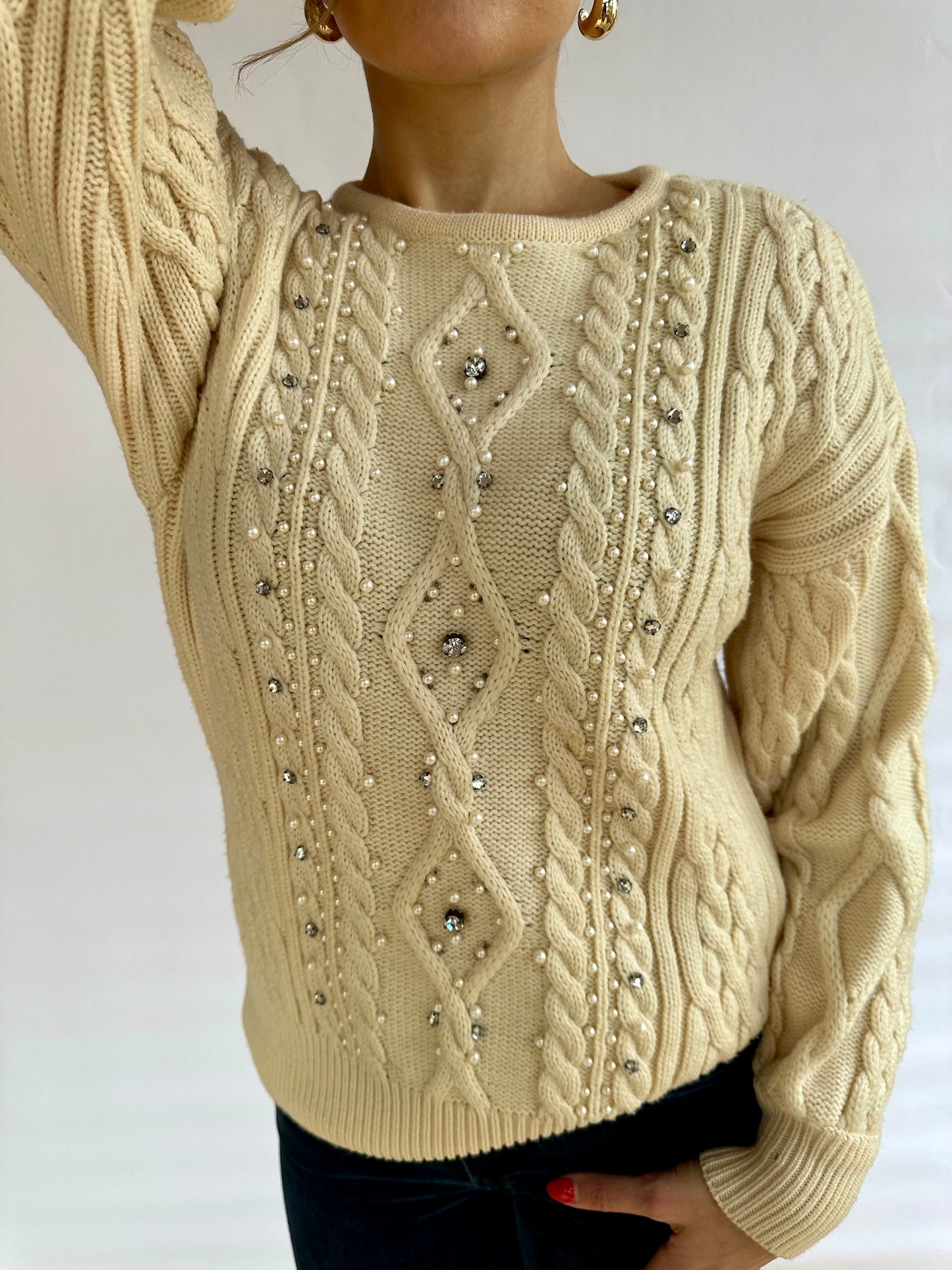 1990’s Vintage Escada Rhinestone & Pearl Cableknit Wool Sweater