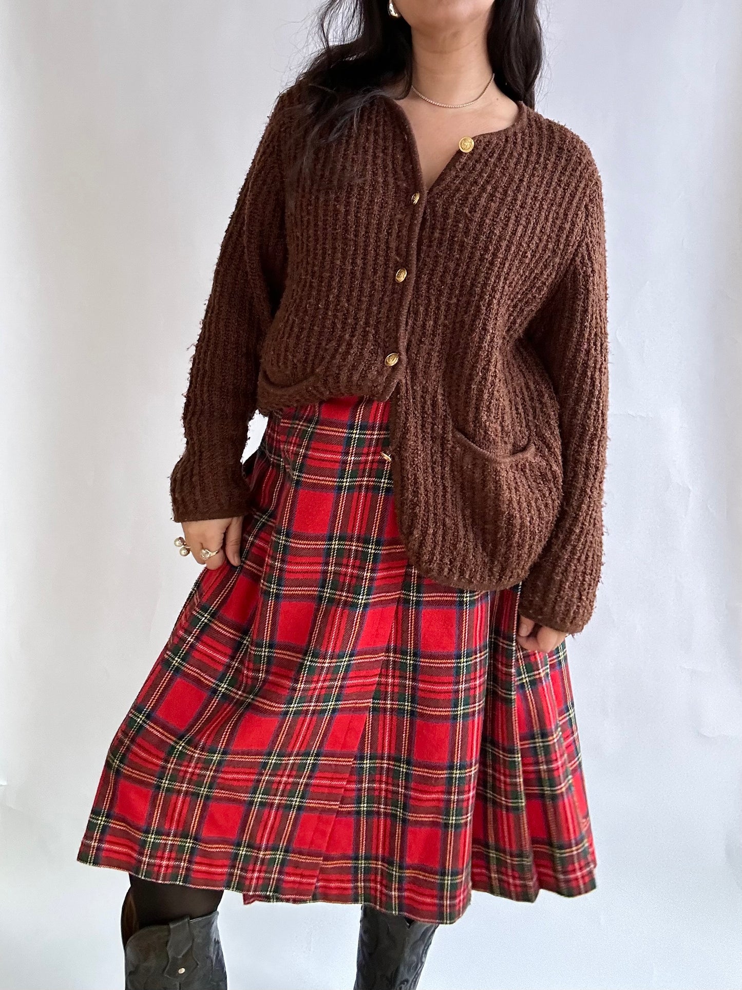 Vintage Irish Wool Plaid Pleated Midi Skirt