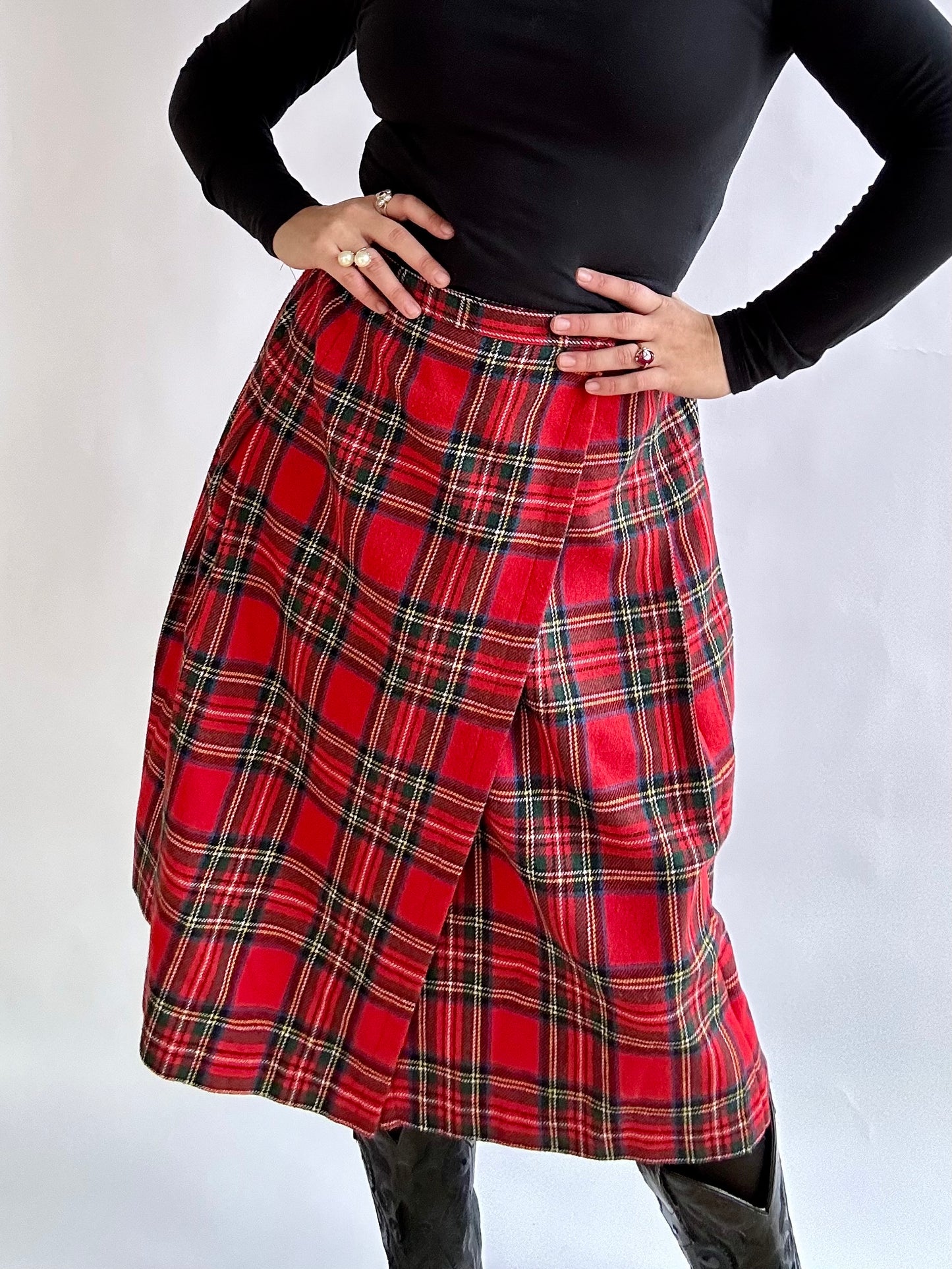 Vintage Irish Wool Plaid Pleated Midi Skirt