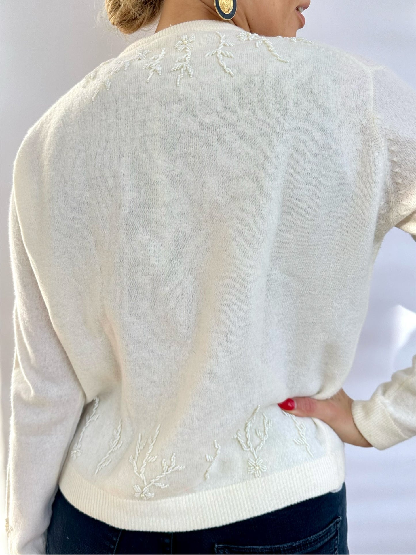 1960s Vintage White Wool Beaded Cardigan