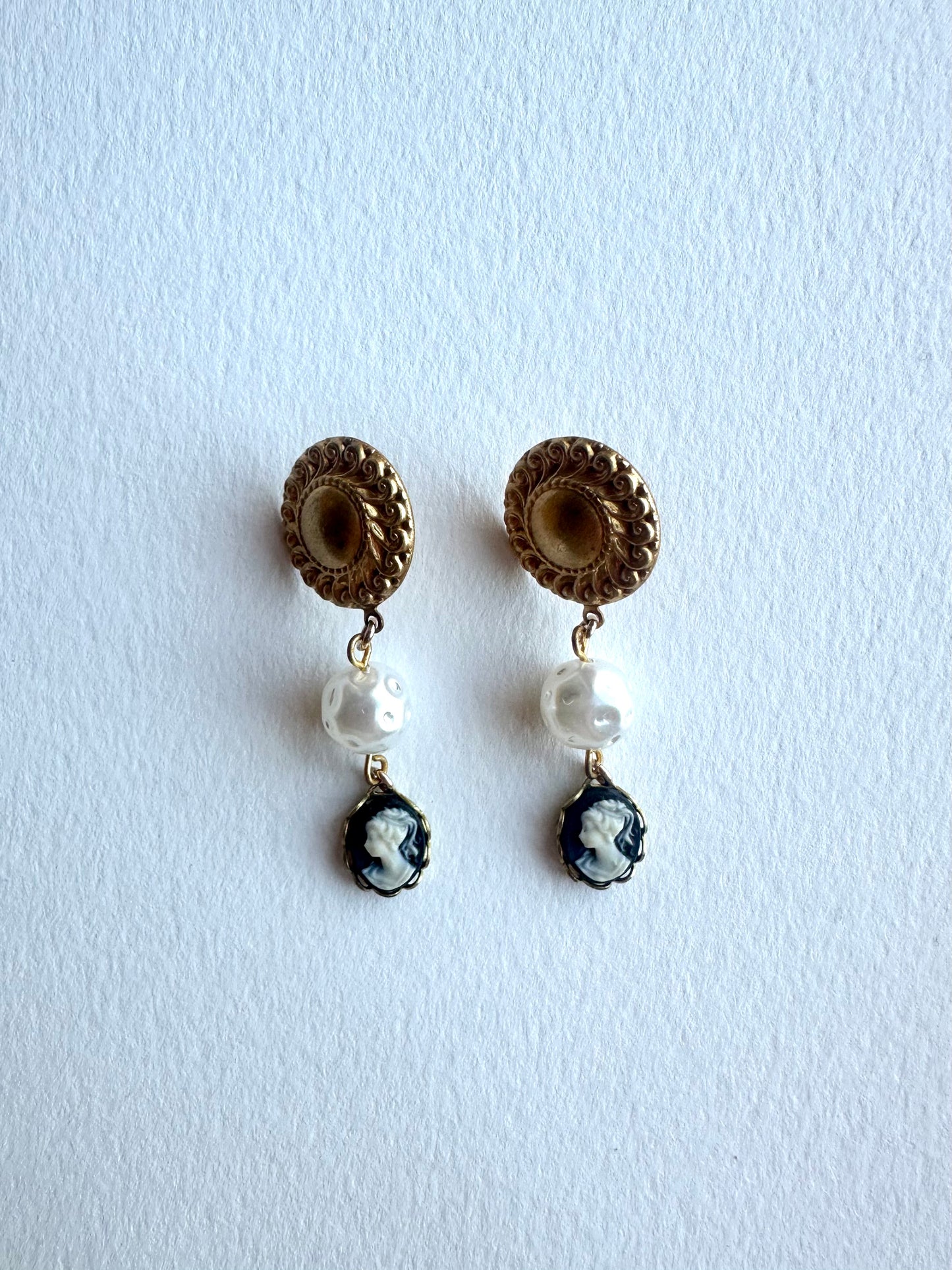 Vintage Cameo and Pearl Drop Earrings