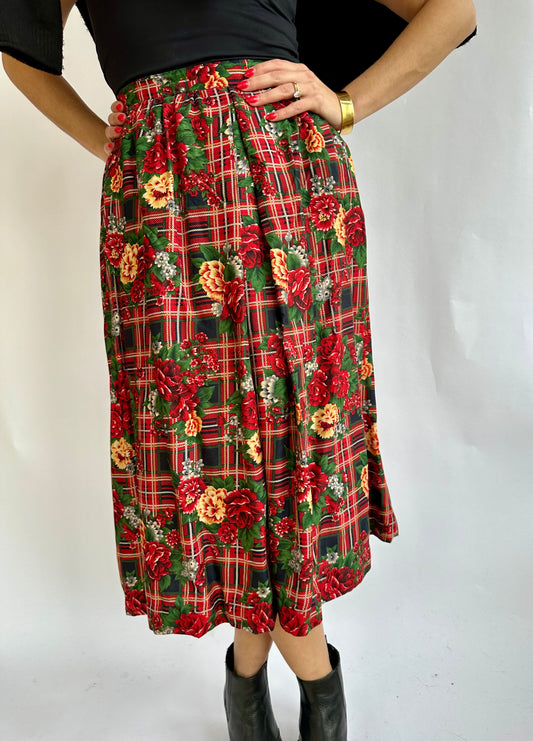 1990's Vintage Red Plaid Maxi Skirt with Flowers