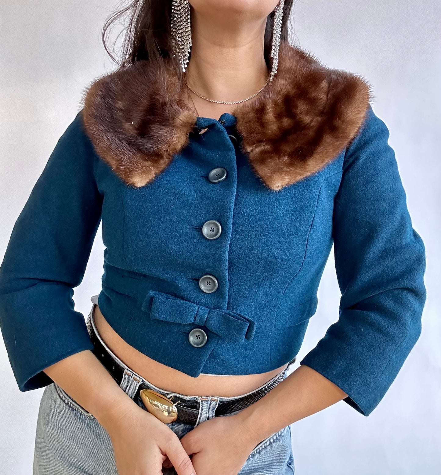 1960s Branel Navy Wool Coat with Fur Collar