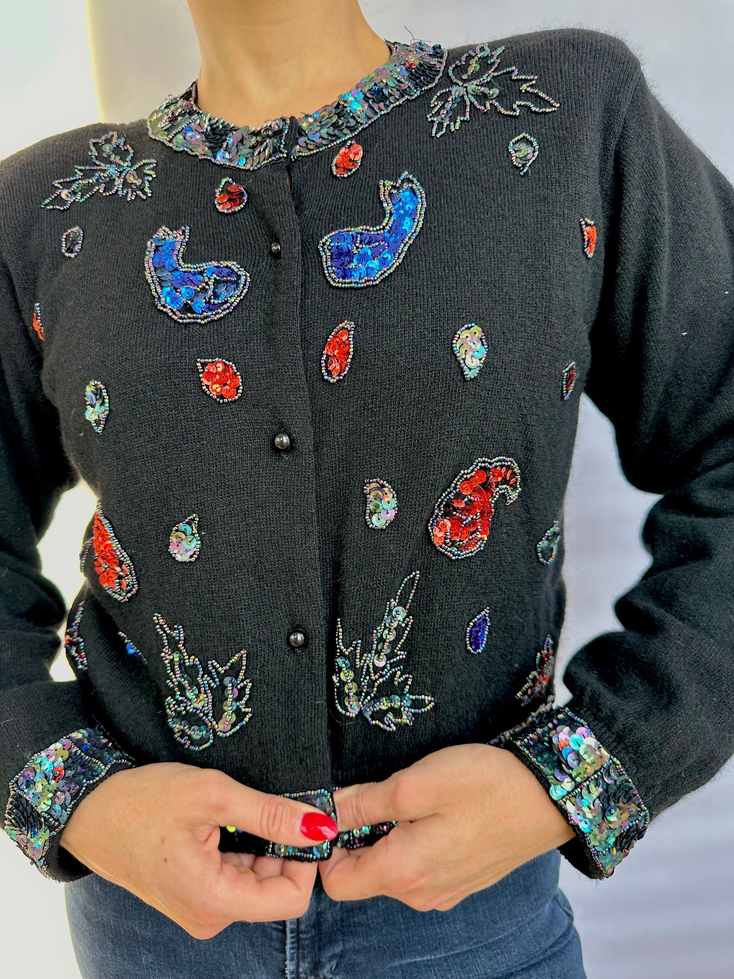 1960s Vintage Wool Blend Black Cardigan with sequins and beading