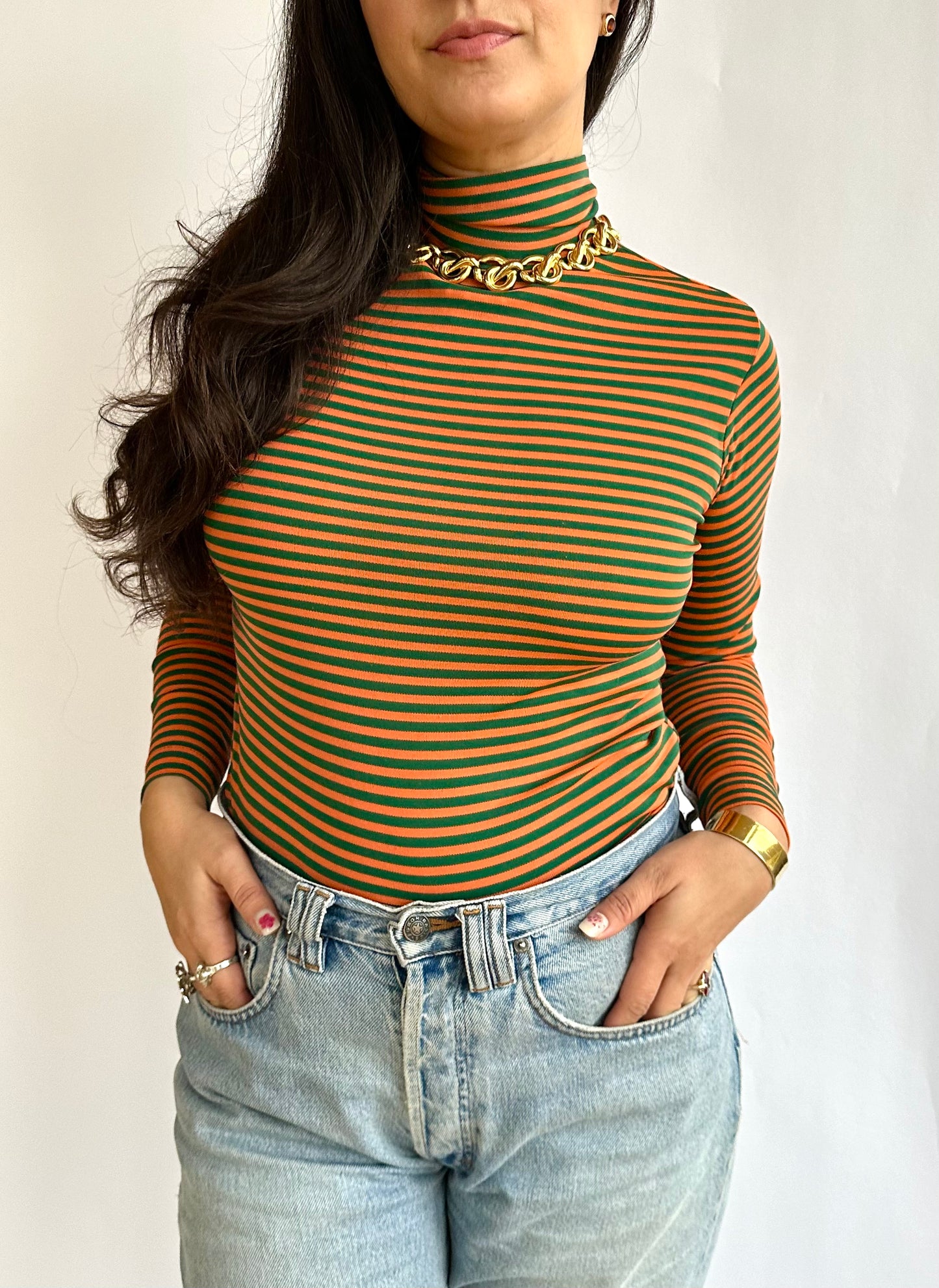 1970s Vintage Orange and Green Striped Turtleneck