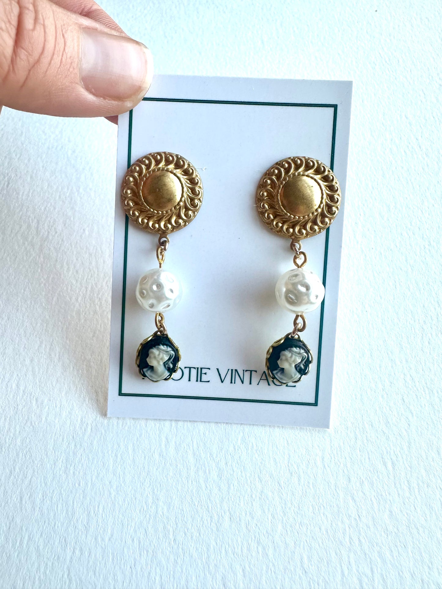 Vintage Cameo and Pearl Drop Earrings