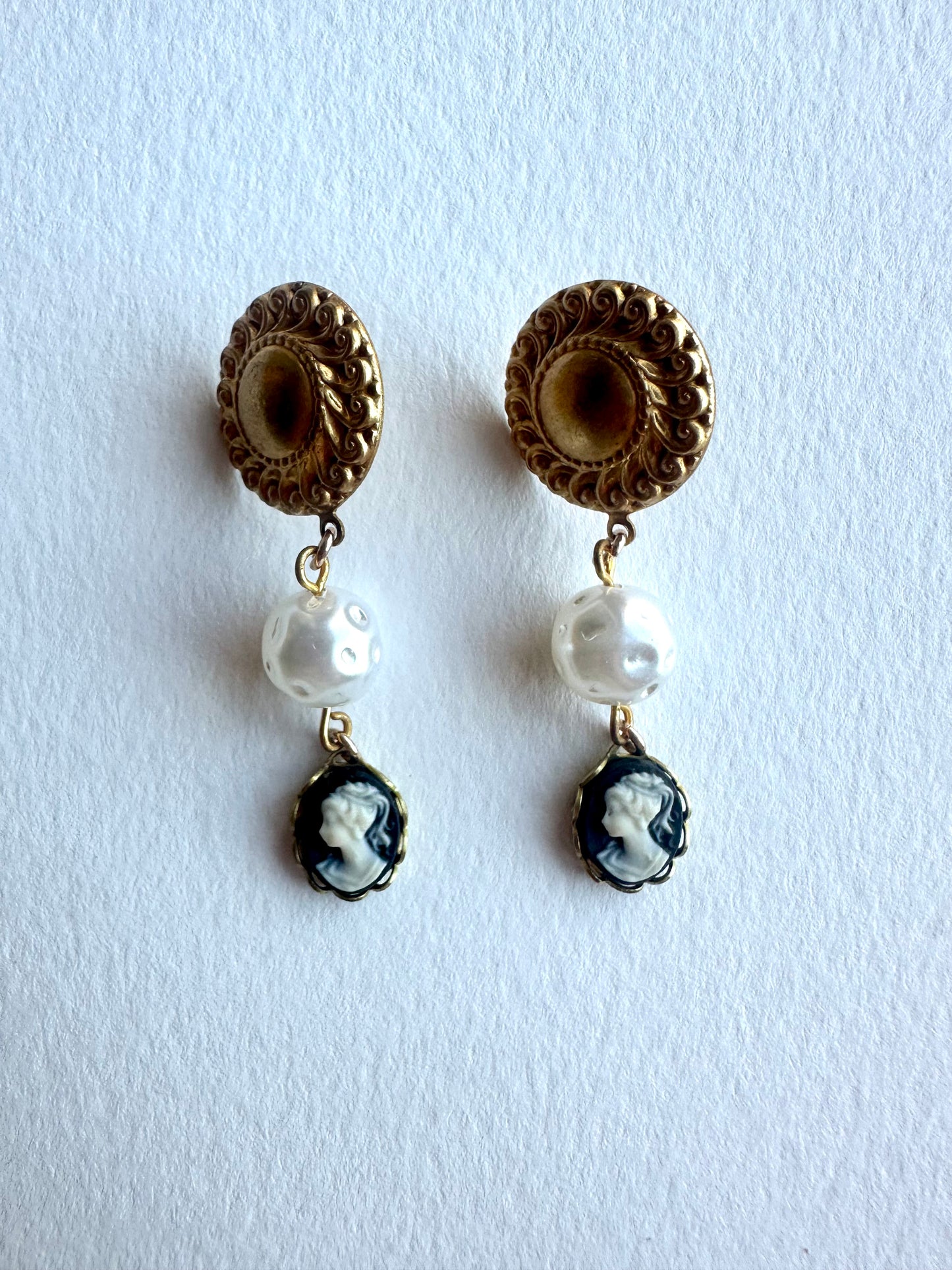 Vintage Cameo and Pearl Drop Earrings