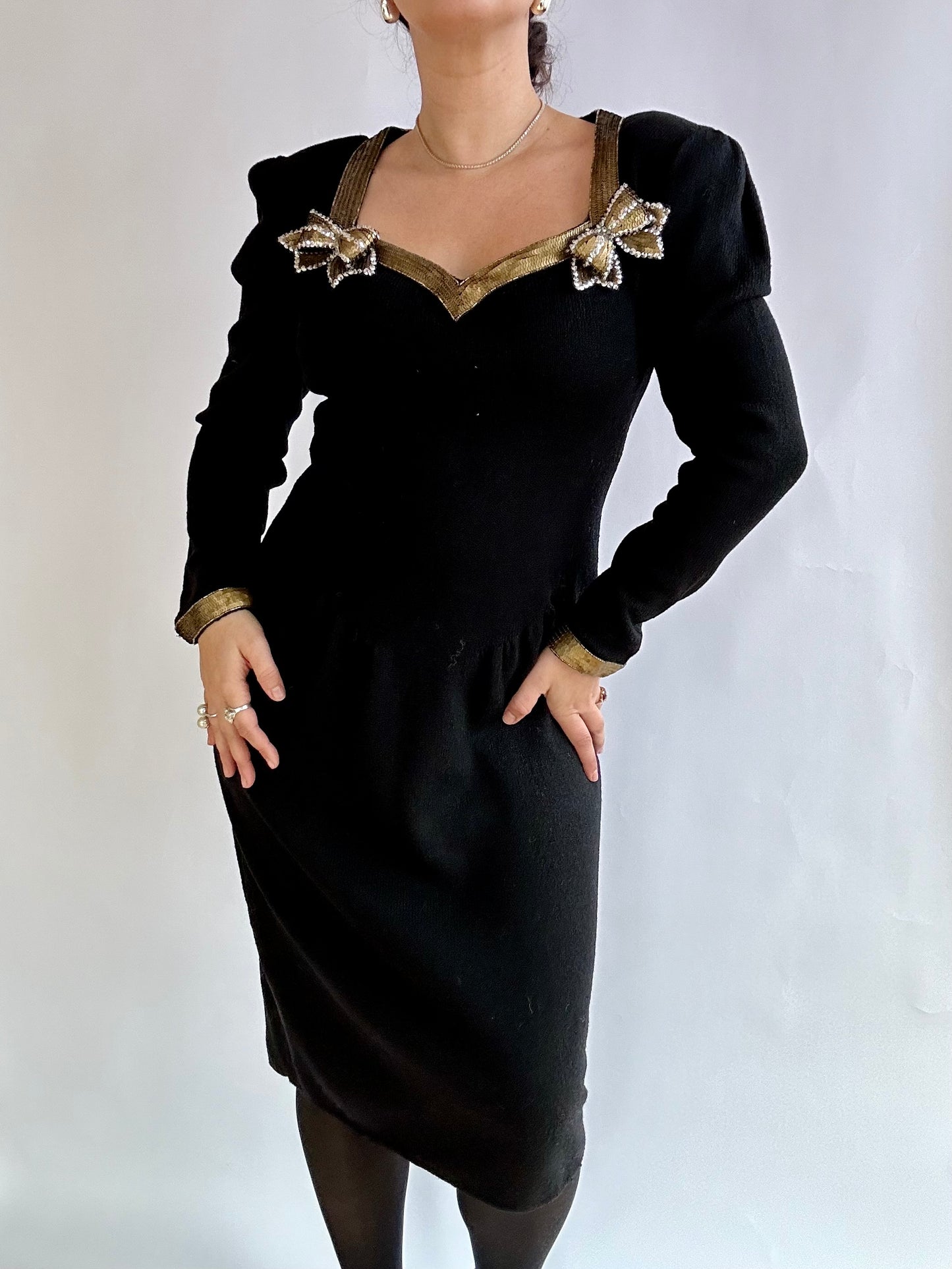 1980s Vintage Black Knit Party Dress with Gold Sequin Bows