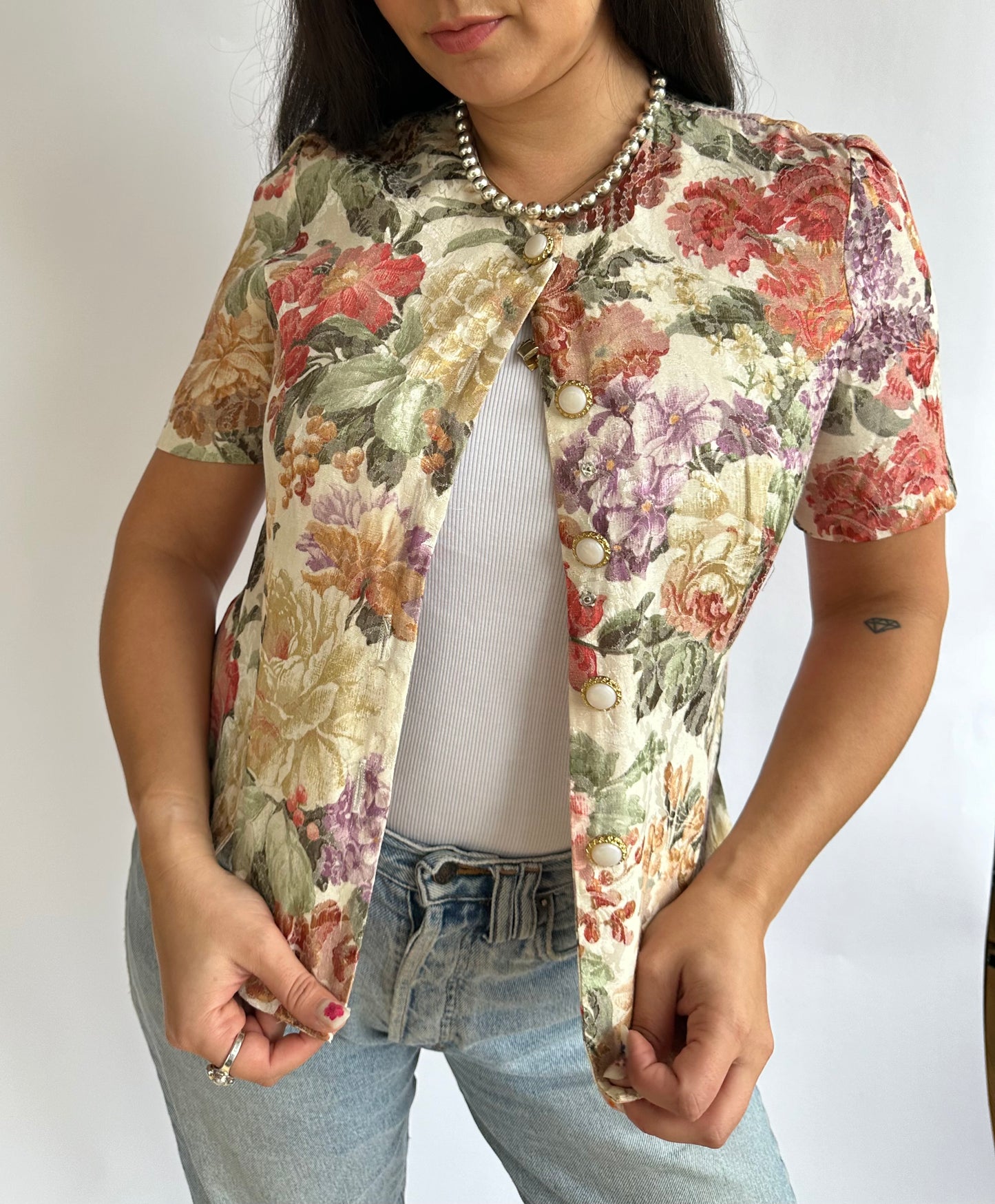 1990's Vintage Floral Tapestry Blouse with Pearl Buttons