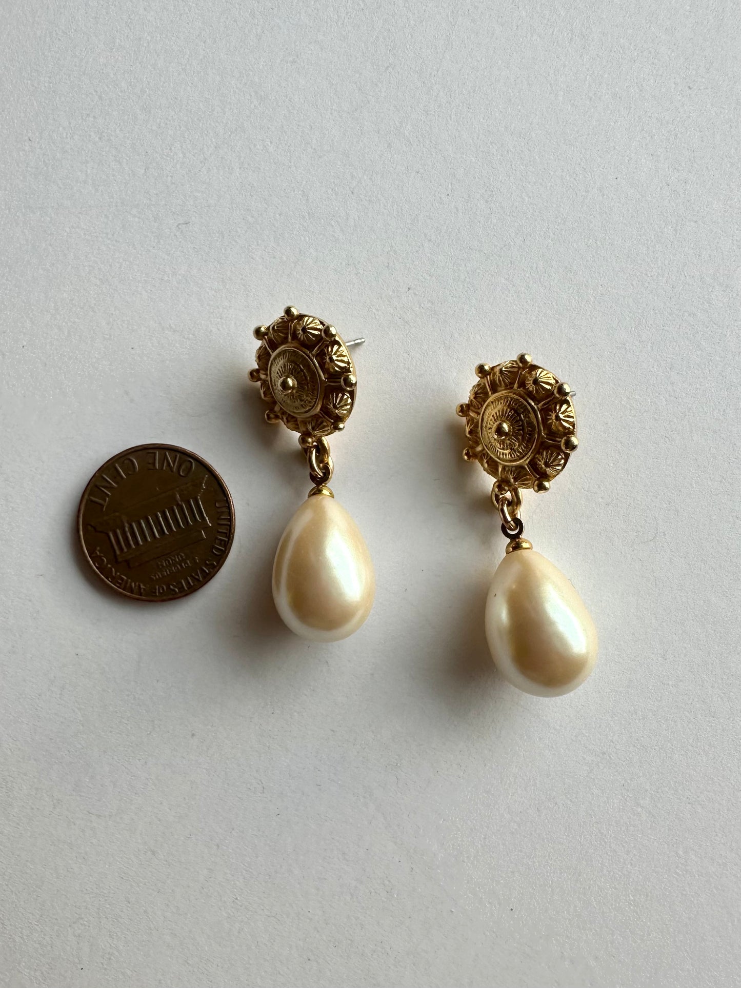 Vintage Brass Pearl Drop Earrings