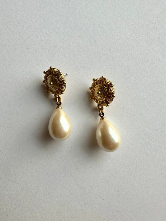 Vintage Brass Pearl Drop Earrings